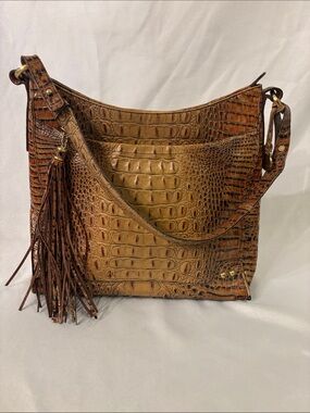 Brahmin Cognac Croc-Embossed Shoulder Bag with Tassel Detail